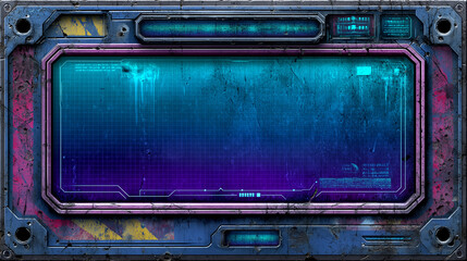 Futuristic sci fi screen interface with grungy metal frame, glowing HUD display, and digital grid texture in blue and purple tones.