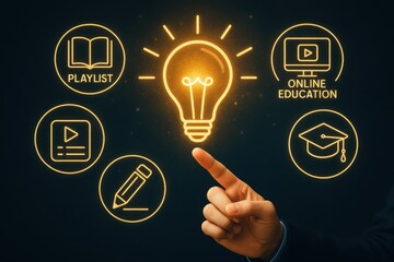 Hand pointing at illuminated light bulb symbolizing innovative learning concepts in online education and digital resources. Theme of knowledge, accessibility, and modern pedagogy.