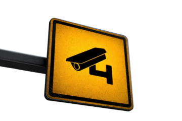 Yellow square warning sign with black security camera icon and black border surveillance, Isolated On Transparent Background, Png Cut Out