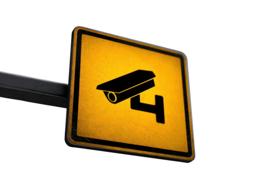 Yellow square warning sign with black security camera icon and black border surveillance, Isolated On Transparent Background, Png Cut Out - Powered by Adobe
