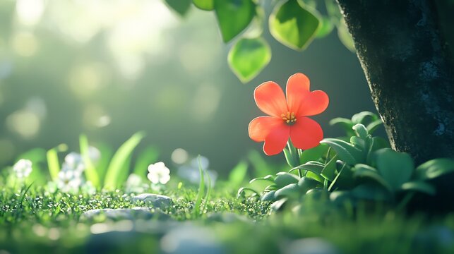Red Flower Blooming Beside Tree Trunk in Lush Green Field with Sunlight - Powered by Adobe