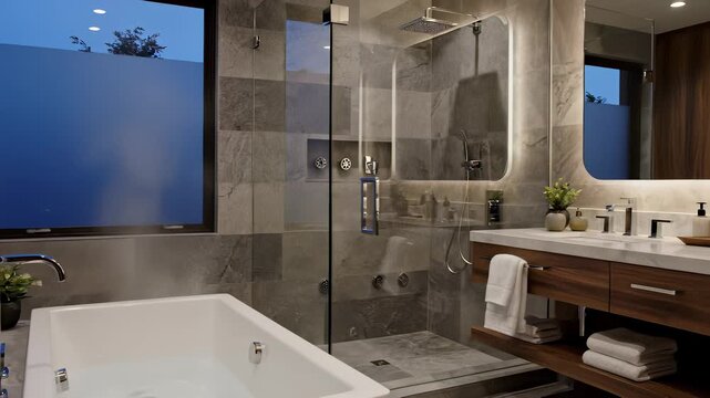 Contemporary bathroom design with modern tub and walk in shower features sleek surfaces, clean lines, and open layout perfect for showcasing luxurious bathroom products or wellness concepts.