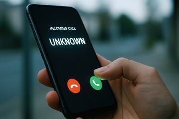 Person receiving an unknown incoming call on a smartphone, capturing the tension and uncertainty of modern communication technology. Concept of anonymity, digital interaction, and decision-making.