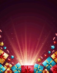 Festive Christmas background featuring bursting gift boxes and glowing snowflake ambience