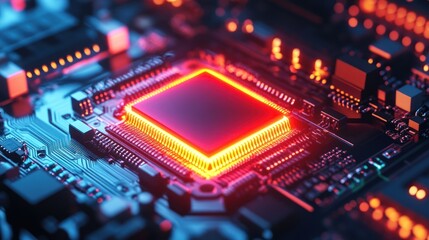 Fototapeta premium Glowing CPU on Circuit Board; High-Tech