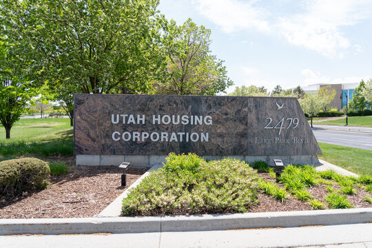 The sign outside Utah Housing Corporation (UHC) headquarters at 2479 South Lake Park Blvd., West Valley City, Utah, USA, on May 9, 2023. UHC is an independent government agency. 