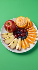A colorful assortment of fresh fruits arranged on a white plate against a vibrant green background, showcasing a variety of healthy and delicious options