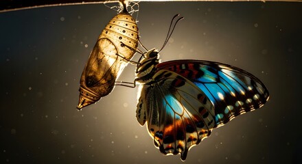 A butterfly emerging from a chrysalis with detailed wings and vibrant colors, symbolizing transformation and natural beauty in close-up macro photography