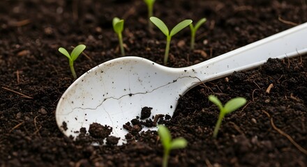 Close-up of young green seedlings sprouting in rich soil with a white gardening spoon resting nearby, illustrating early plant growth and gardening activity
