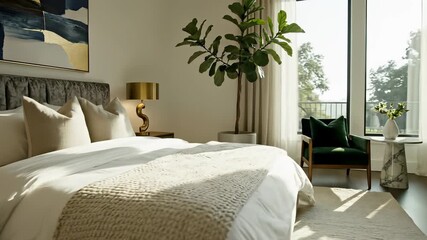 A serene and inviting bedroom scene unfolds with a crisp white bed, plush pillows, soft blanket, verdant plant, green chair, and lamp on table, exuding a sense of peacefulness and tranquility.