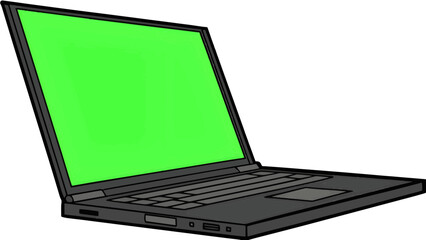 A sleek modern laptop with a vibrant green screen, perfect for chroma key editing. Clean vector style, smooth lines, sharp edges, and high-quality digital detailing.