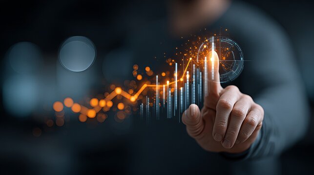 Businessman touching virtual analytics interface with glowing orange graph and chart. Concept of digital business strategy, financial growth, investment, and future technology.
