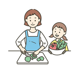 野菜を切るお母さんと手伝いをする女の子の上半身イラスト