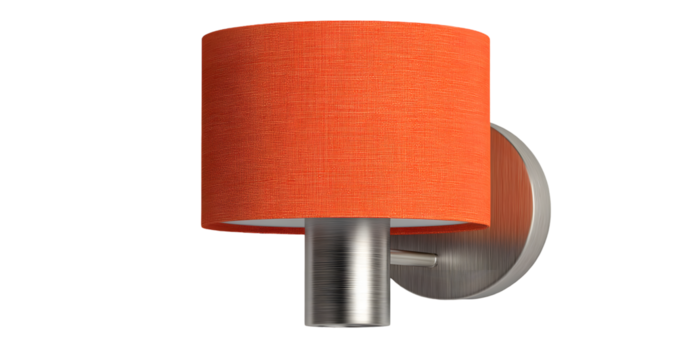 Orange cylindrical lamp with brushed metal base is mounted on a wall.