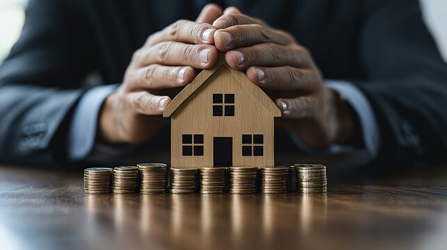 Businessman Protecting Home Model with Coins