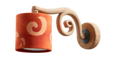 Ornate wooden wall lamp with a textured orange lampshade.