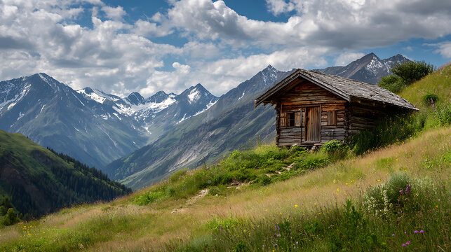 Rustic Log Cabin in Austrian Alps Grassy Meadow with Snow Mountains - Powered by Adobe