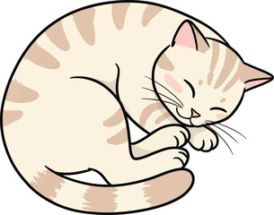 Cute cartoon cat sleeping peacefully curled up in a ball, illustration of a relaxed feline companion