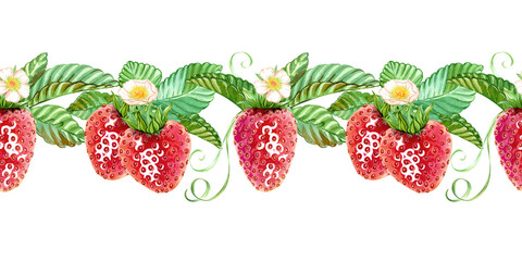 A beautiful seamless border of sweet strawberries. A bright, juicy berry pattern. A template for an endless banner for jam, marmalade, cosmetics, and just for summery feel. Watercolor illustration
