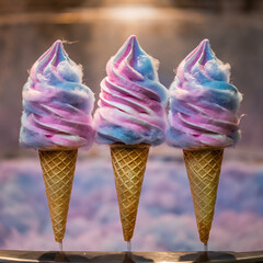 Three colorful cotton candy cones in a row, swirled with pink and blue hues.