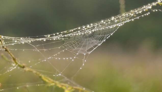 A detailed close-up of a spider web covered in sparkling morning dew, giving a mystical and eerie feeling.