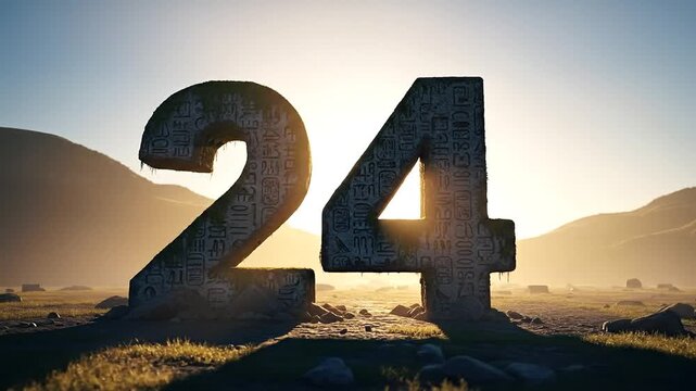 Number 24: A stone-textured number '24' boldly stands amidst a barren landscape, against a setting sun. This unique visual conveys a sense of age, milestone, or special significance. 