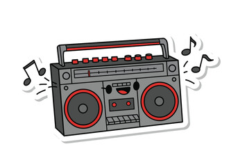 Fototapeta premium Retro boombox with music notes and sound waves illustration, vintage portable music player icon