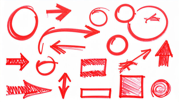 Hand-drawn red arrow and circle doodles on a white background, perfect for graphic design and illustrating concepts