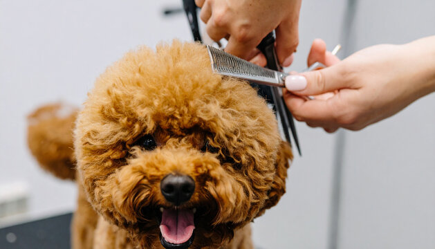 Close-up of a fluffy brown poodle getting a haircut with scissors and comb at a grooming salon