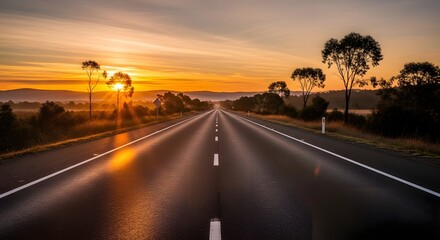 A long, straight road extending into the horizon during sunset with trees lining the sides and a vibrant sky overhead