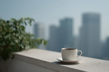 refreshing breakfast on balcony overlooking bustling city skyline featuring steaming cup of coffee in bright cup
