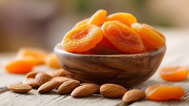 Wooden Bowl of Dried Apricots and Almonds on Weathered Wood Surface