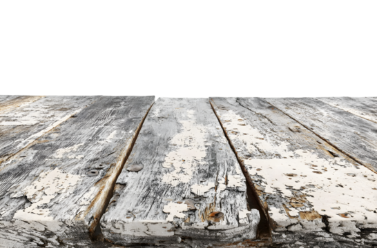 Weathered wooden planks display a rustic surface with peeling paint.