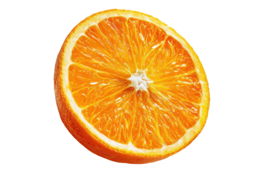 Close up of a bright orange citrus fruit slice with pulp and rind food, Isolated On Transparent Background, Png Cut Out