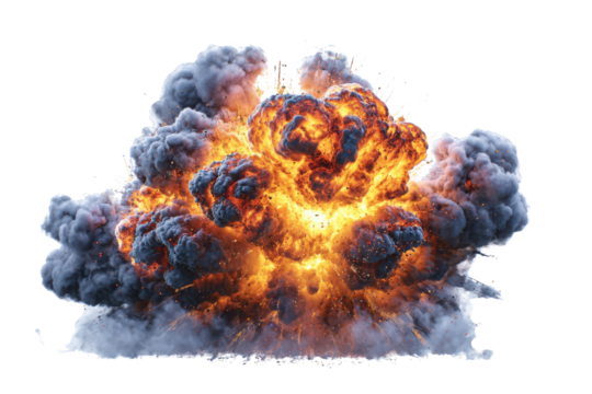 Intense orange and yellow fire explosion with dark grey smoke plumes blast burst, Isolated On Transparent Background, Png Cut Out