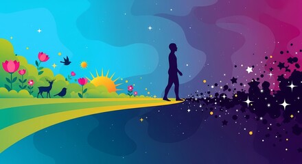 Fototapeta premium Silhouette of person walking from colorful nature into starry cosmic night. Abstract vector illustration symbolizing life, death, journey, and transition between worlds or realities.