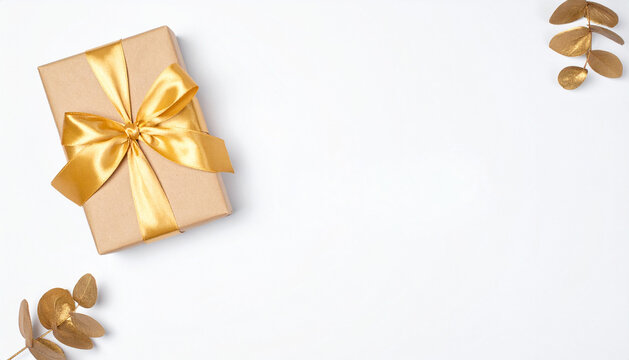 Festive gift box with golden ribbon and decorative leaves on a white background, perfect for celebrations and special occasions