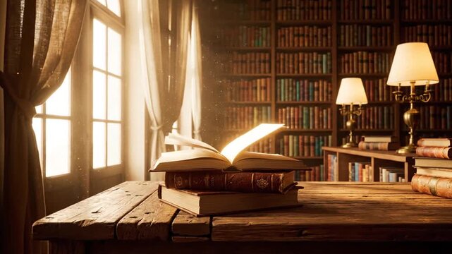 Library Interior with Open Book on Wooden Table and Soft Lighting with Gold Bookshelf and White Curtains with Antique Lamp for Reading Time and Cozy Academic Atmosphere 190 Char