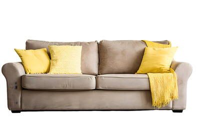 A comfortable taupe sofa with bright yellow accent pillows and a throw.