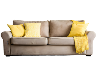 A comfortable taupe sofa with bright yellow accent pillows and a throw.