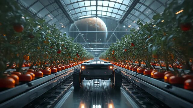 Indoor glass passage showcasing ripe tomatoes and robotic conveyor