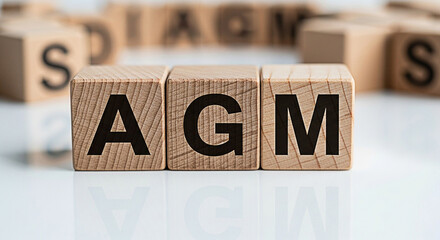Agm annual general meeting spelled out with wooden blocks on a white surface representing business finance and corporate governance
