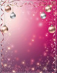 Aesthetic pink Christmas background with glitter sparkles and rose-gold ornaments in dreamy style