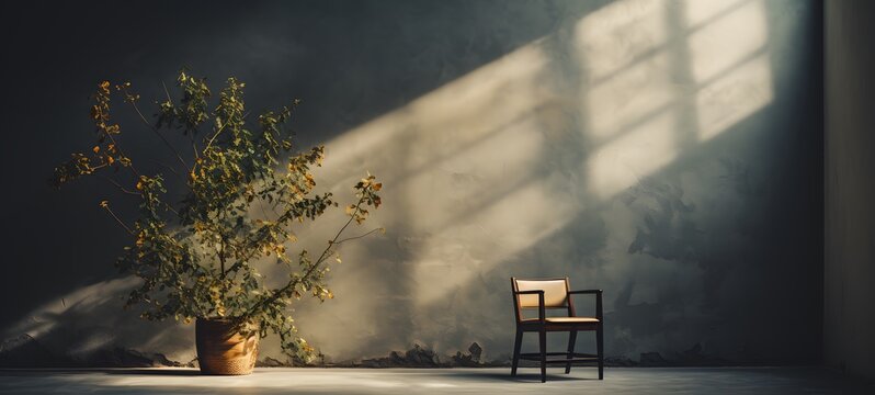 aesthetic of plant shadow dancing on wall, minimalist chair in corner,generative AI
