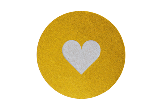 White embroidered heart on textured yellow circle against black background image, Isolated On Transparent Background, Png Cut Out