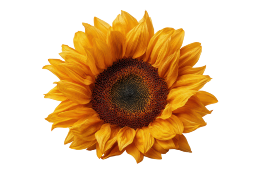 Close up of a vibrant yellow sunflower with a dark brown center on black background orange, Isolated On Transparent Background, Png Cut Out