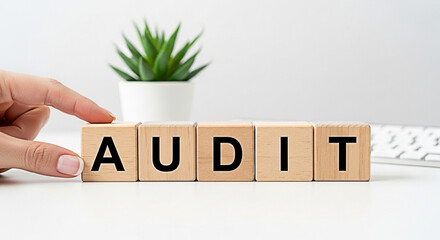 Hand arranging wooden blocks spelling audit on a white desk with a plant and keyboard representing financial review and business compliance