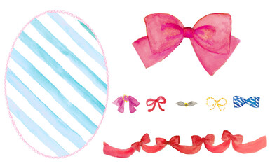 Watercolor ribbon set with decorative frames and bows/水彩リボンと飾りフレームのセット