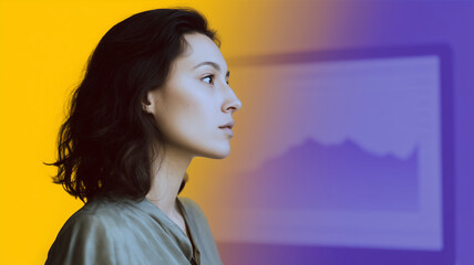 Confident woman profile data chart background modern office creative lighting focused expression technology business analytics professional innovation digital workspace