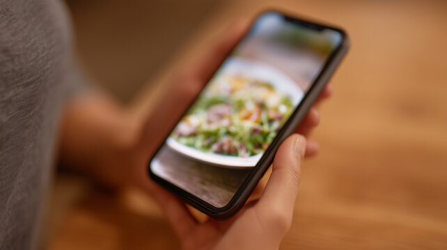 Person holding smartphone displaying close up of food image, blurred background, casual indoor setting, focus on technology and digital lifestyle, relaxed atmosphere, modern dining experience